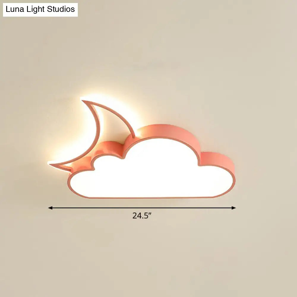 Childrens Metal Moon And Cloud Led Ceiling Fixture For Bedroom - Flush Mount Light Pink / 24.5 Warm