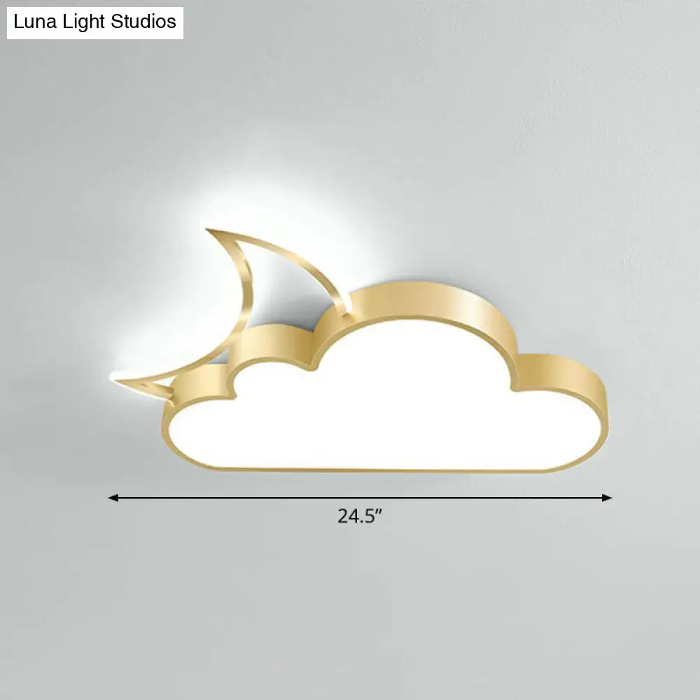 Childrens Metal Moon And Cloud Led Ceiling Fixture For Bedroom - Flush Mount Light Gold / 24.5 White