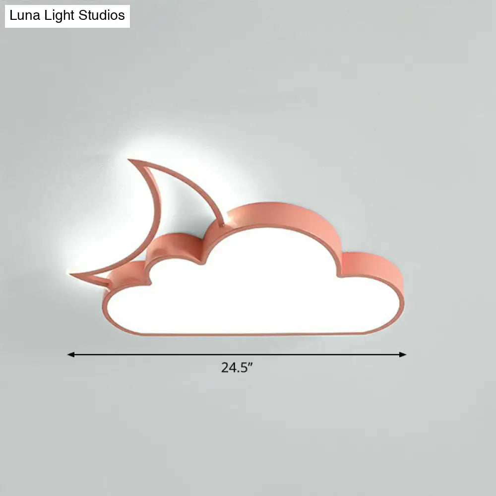 Childrens Metal Moon And Cloud Led Ceiling Fixture For Bedroom - Flush Mount Light Pink / 24.5 White