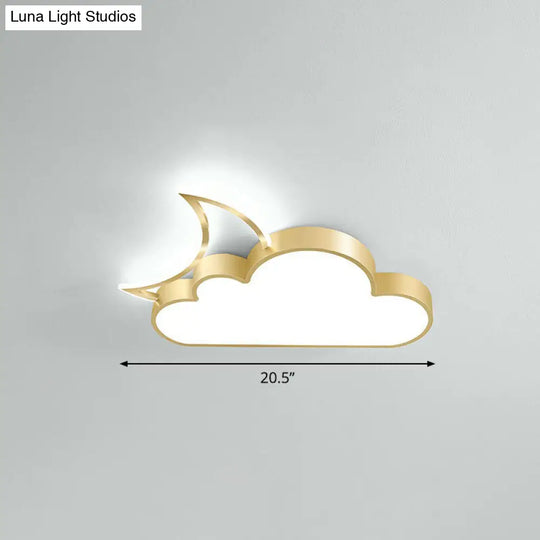 Childrens Metal Moon And Cloud Led Ceiling Fixture For Bedroom - Flush Mount Light Gold / 20.5 White