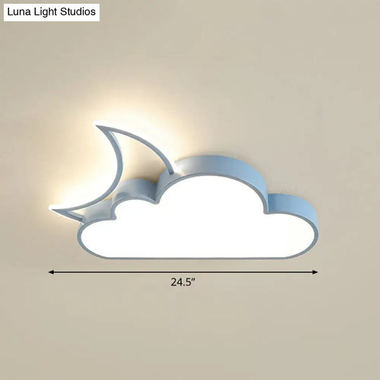 Childrens Metal Moon And Cloud Led Ceiling Fixture For Bedroom - Flush Mount Light Blue / 24.5 Warm