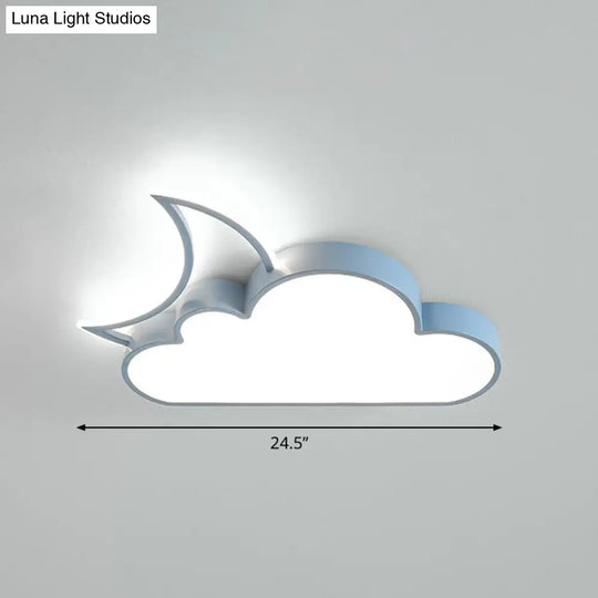 Childrens Metal Moon And Cloud Led Ceiling Fixture For Bedroom - Flush Mount Light Blue / 24.5 White