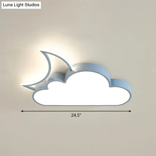 Childrens Metal Moon And Cloud Led Ceiling Fixture For Bedroom - Flush Mount Light Blue / 24.5