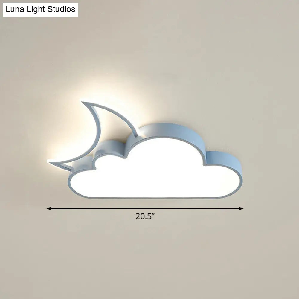 Childrens Metal Moon And Cloud Led Ceiling Fixture For Bedroom - Flush Mount Light Blue / 20.5