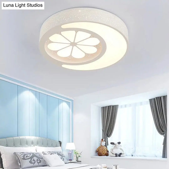Childrens Metallic Ceiling Lamp: Circular Led Flush Mount Light With Crescent And Flower Design For