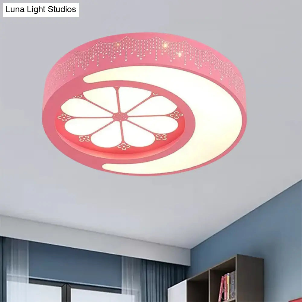 Children’s Metallic Ceiling Lamp: Circular Led Flush Mount Light With Crescent And Flower Design