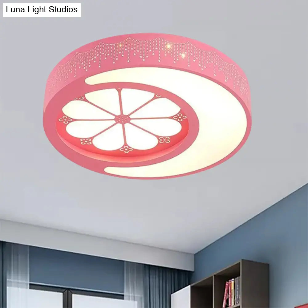 Childrens Metallic Ceiling Lamp: Circular Led Flush Mount Light With Crescent And Flower Design For