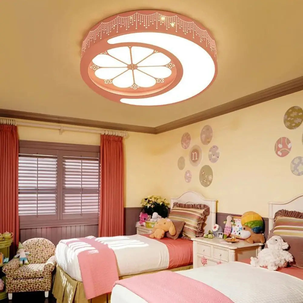 Children’s Metallic Ceiling Lamp: Circular Led Flush Mount Light With Crescent And Flower Design