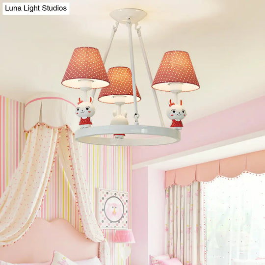 Childrens Pink Bunny Chandelier: Metal 3-Headed Hanging Light With Dot Shade For Girls Bedroom