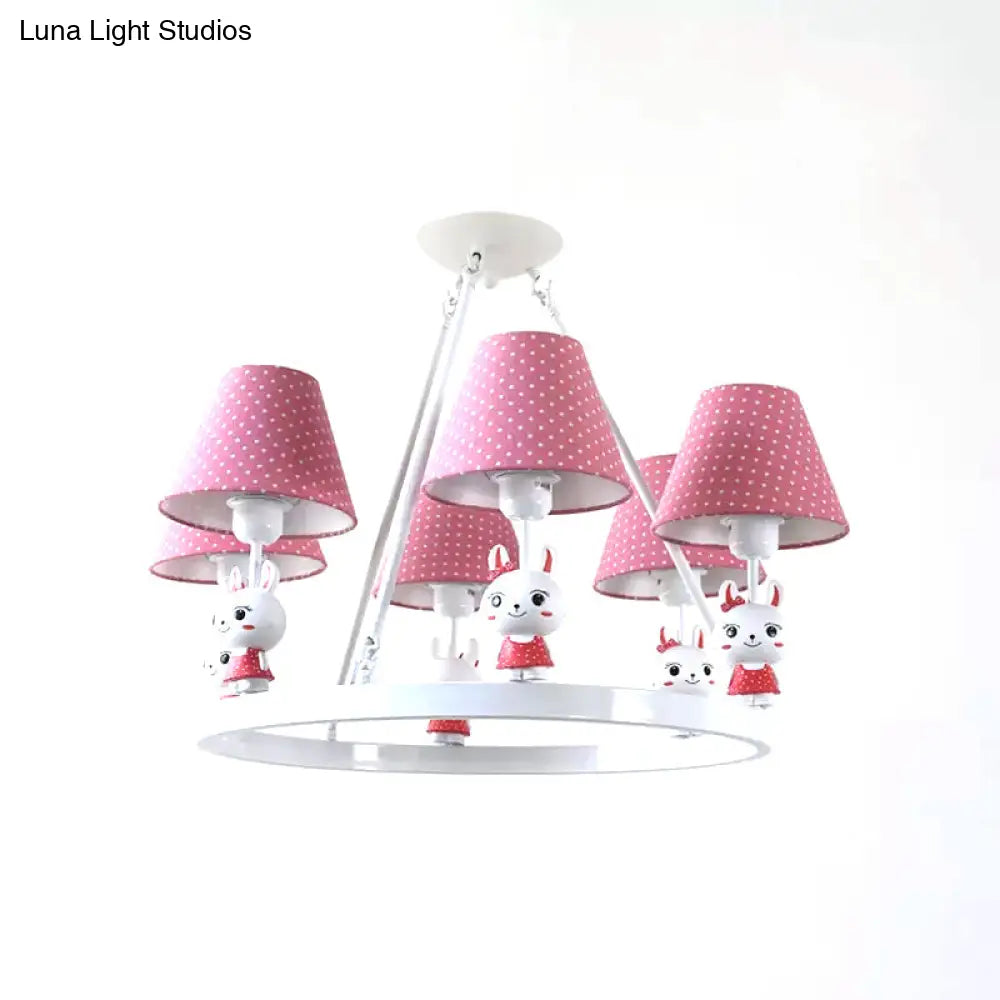 Childrens Pink Bunny Chandelier: Metal 3-Headed Hanging Light With Dot Shade For Girls Bedroom