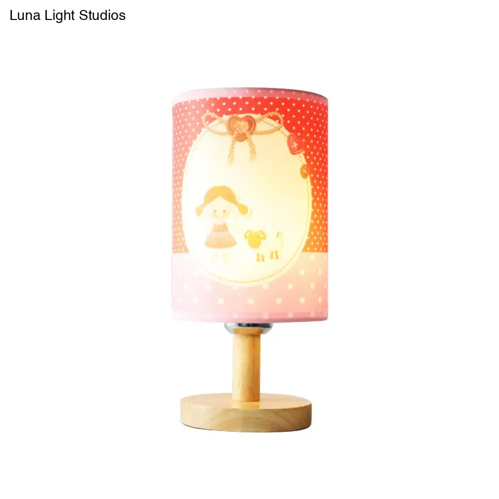 Childrens Pink Desk Light: Light And Durable Fabric-Wood Cylinder Lamp For Girls Bedroom