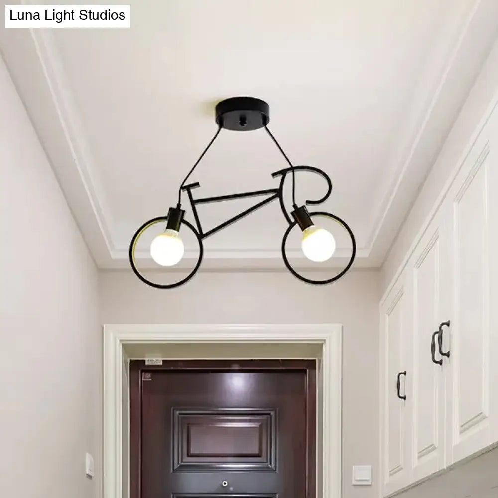 Childrens Room Pendant Light: Black/White Art Deco Bicycle Lamp With 2 Metal Heads