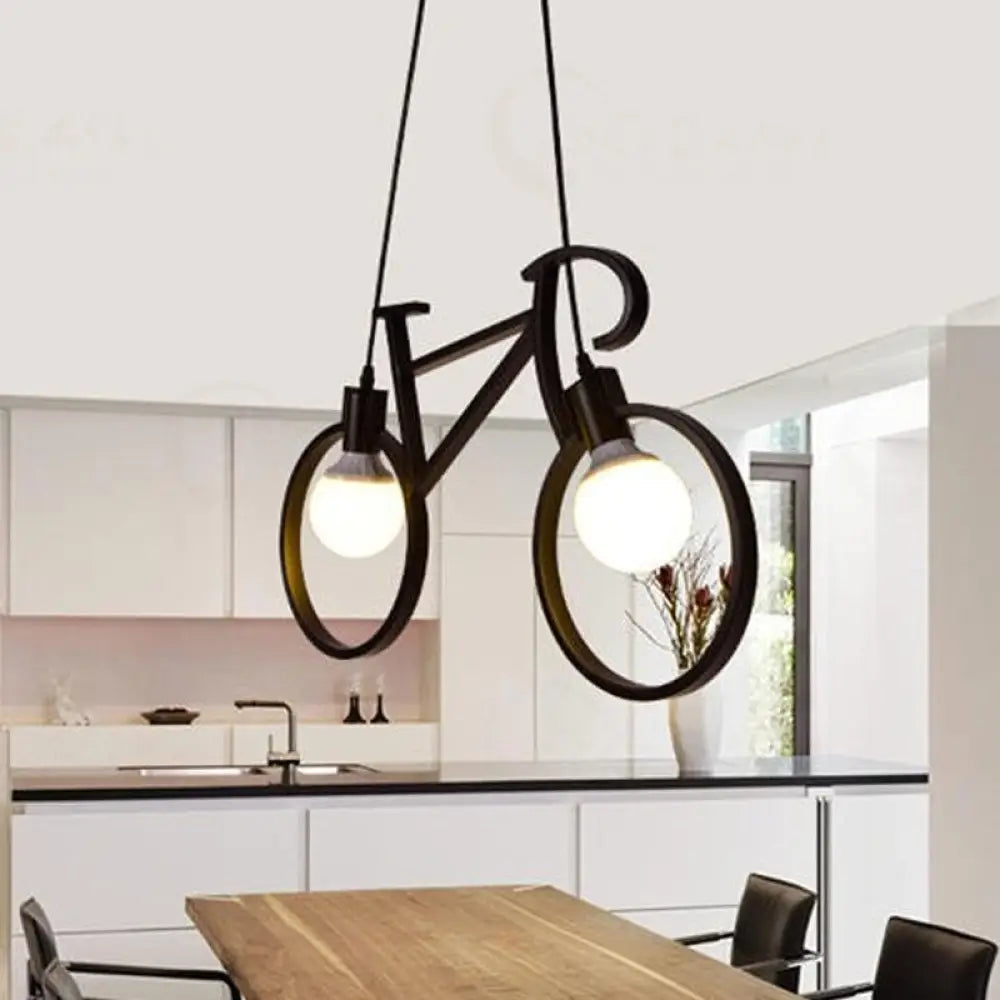 Childrens Room Pendant Light: Black/White Art Deco Bicycle Lamp With 2 Metal Heads Black