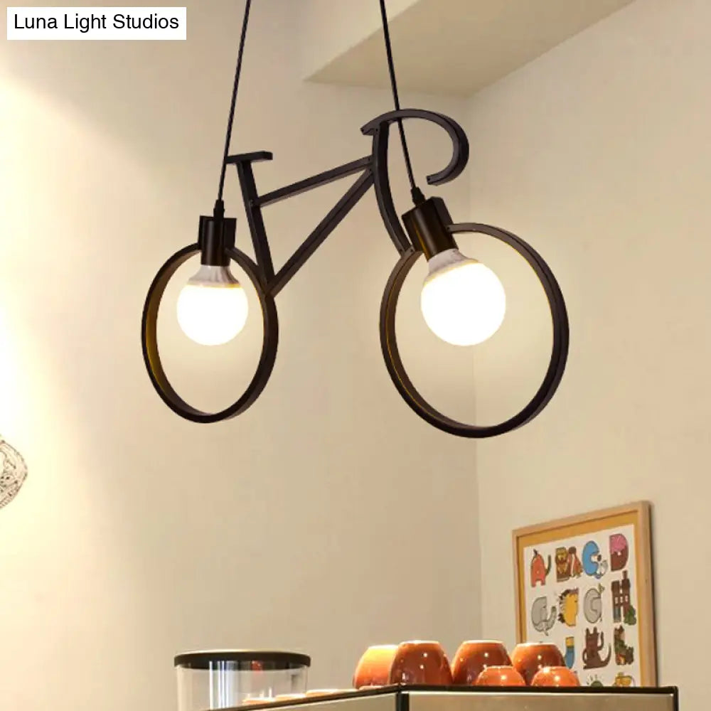 Childrens Room Pendant Light: Black/White Art Deco Bicycle Lamp With 2 Metal Heads