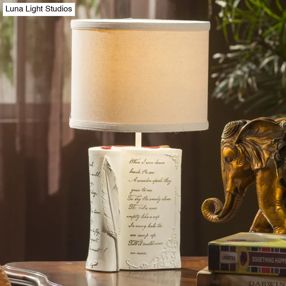 Childrens White Reading Light With Drum Shade And Book Base - Study Room Or Bedroom Lighting