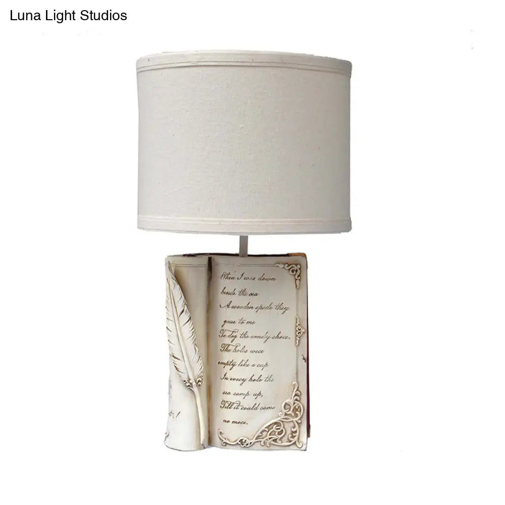 Childrens White Reading Light With Drum Shade And Book Base - Study Room Or Bedroom Lighting