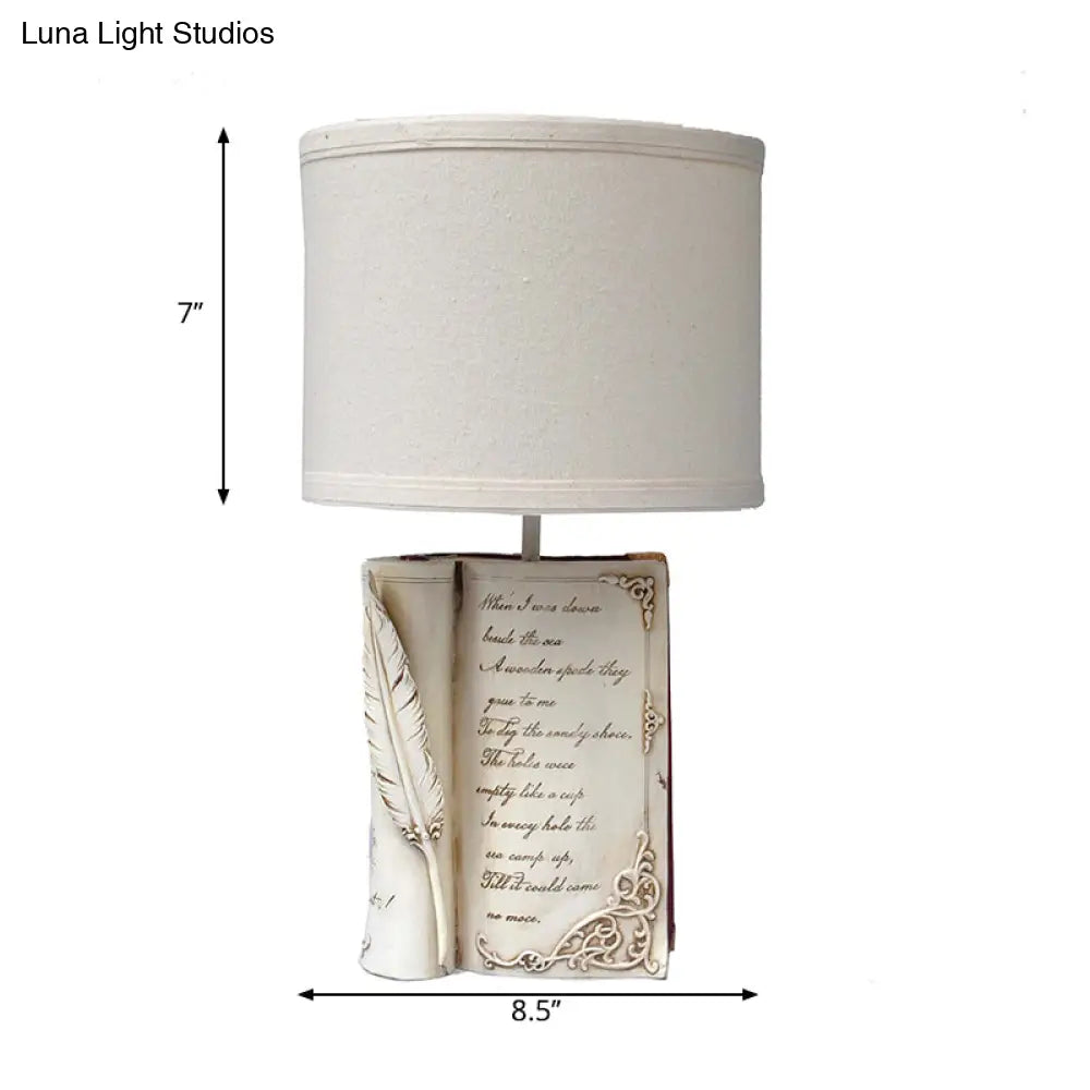 Childrens White Reading Light With Drum Shade And Book Base - Study Room Or Bedroom Lighting