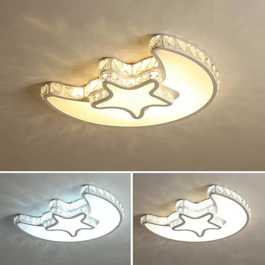 Children’s White Sky View Acrylic Flush Ceiling Light With Crystal Accent For Foyer / Moon