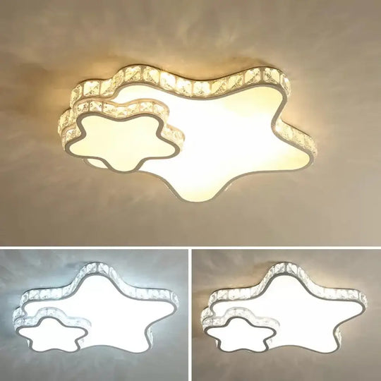 Children’s White Sky View Acrylic Flush Ceiling Light With Crystal Accent For Foyer / Star