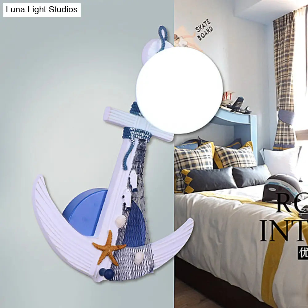 Childrens Wood Anchor Sconce Light Fixture - Single White-Blue Wall Lighting With Glass Shade And