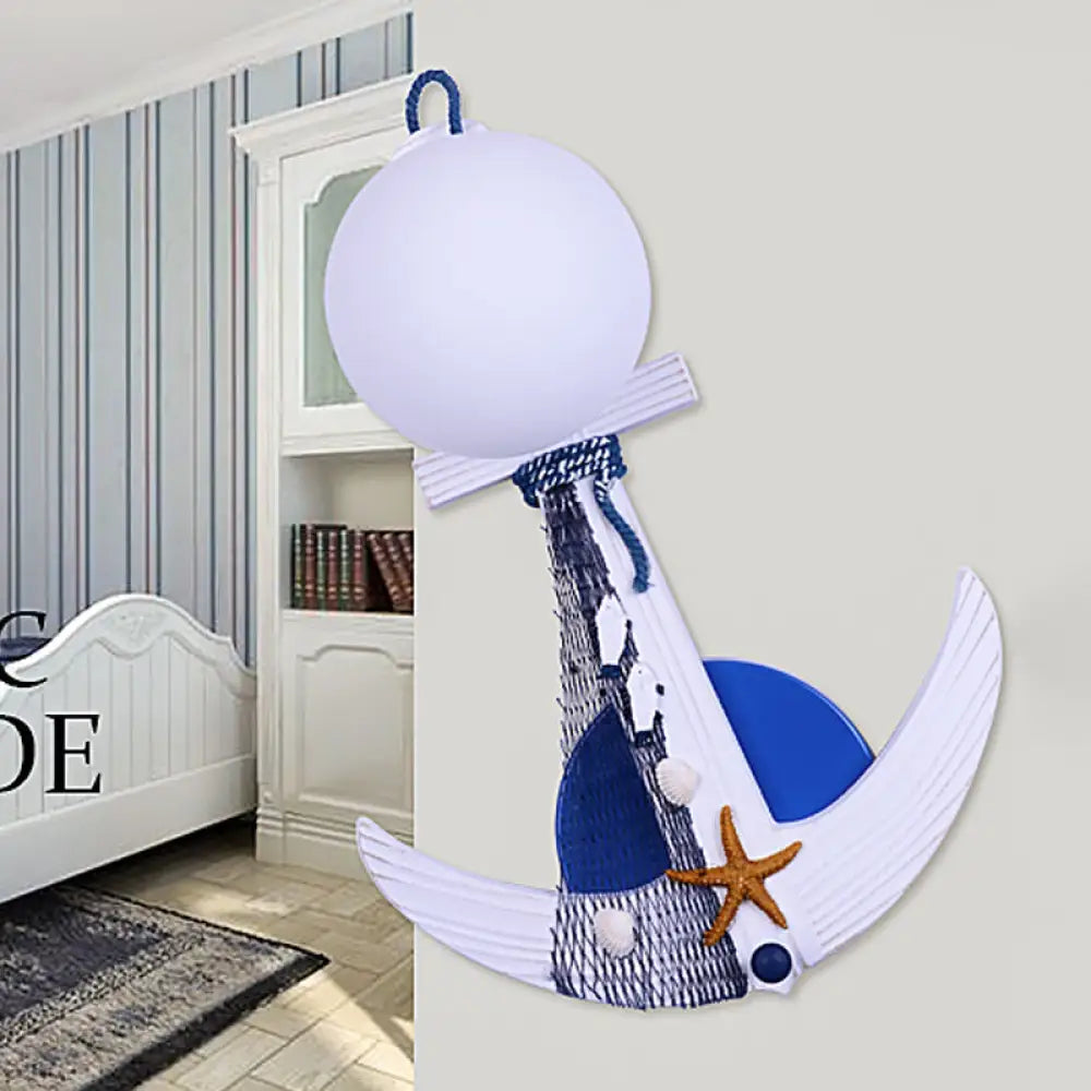 Childrens Wood Anchor Sconce Light Fixture - Single White-Blue Wall Lighting With Glass Shade And