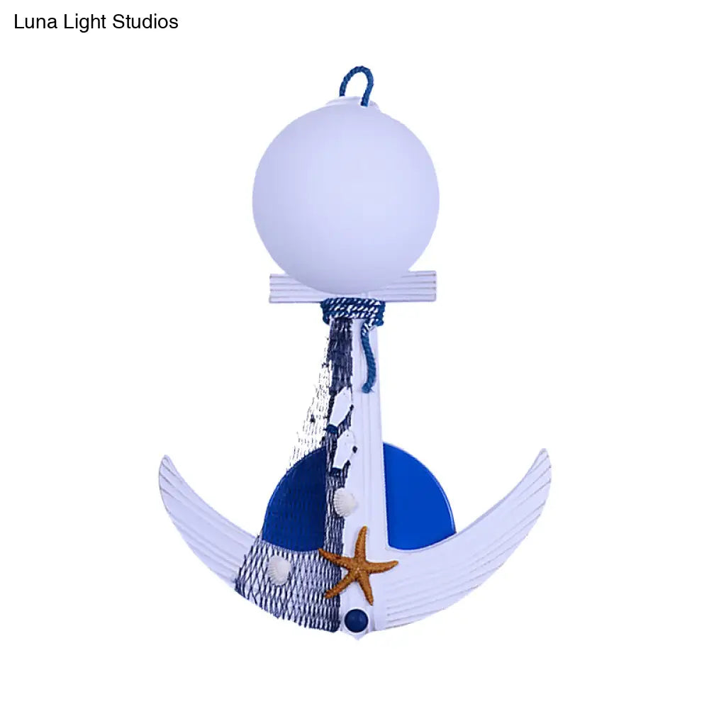 Childrens Wood Anchor Sconce Light Fixture - Single White-Blue Wall Lighting With Glass Shade And