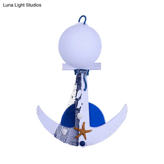 Childrens Wood Anchor Sconce Light Fixture - Single White-Blue Wall Lighting With Glass Shade And