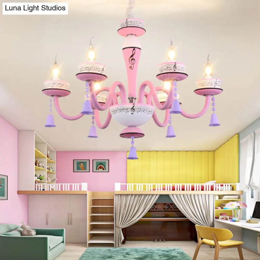 Childs Bedroom Candle Suspension Light: Musical Note Cartoon Glass Chandelier With Little Bell