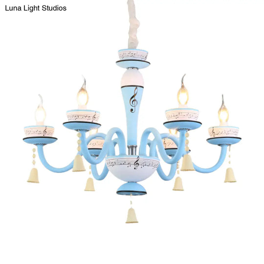 Childs Bedroom Candle Suspension Light: Musical Note Cartoon Glass Chandelier With Little Bell