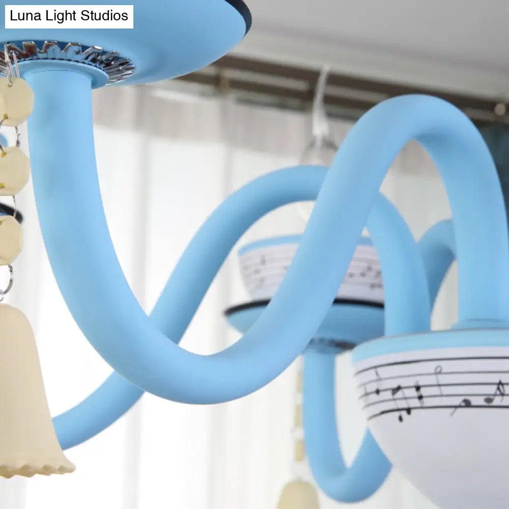 Childs Bedroom Candle Suspension Light: Musical Note Cartoon Glass Chandelier With Little Bell