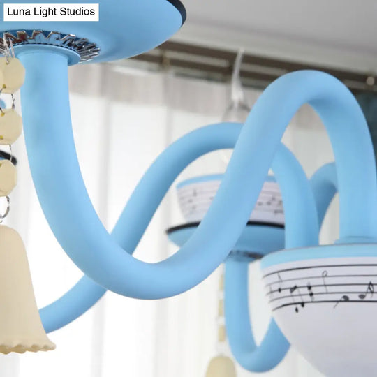 Childs Bedroom Candle Suspension Light: Musical Note Cartoon Glass Chandelier With Little Bell