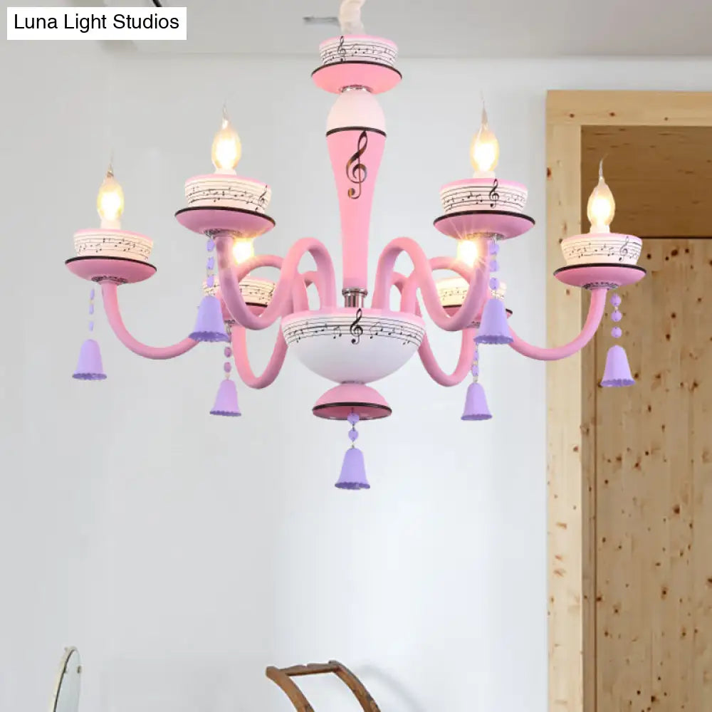 Childs Bedroom Candle Suspension Light: Musical Note Cartoon Glass Chandelier With Little Bell