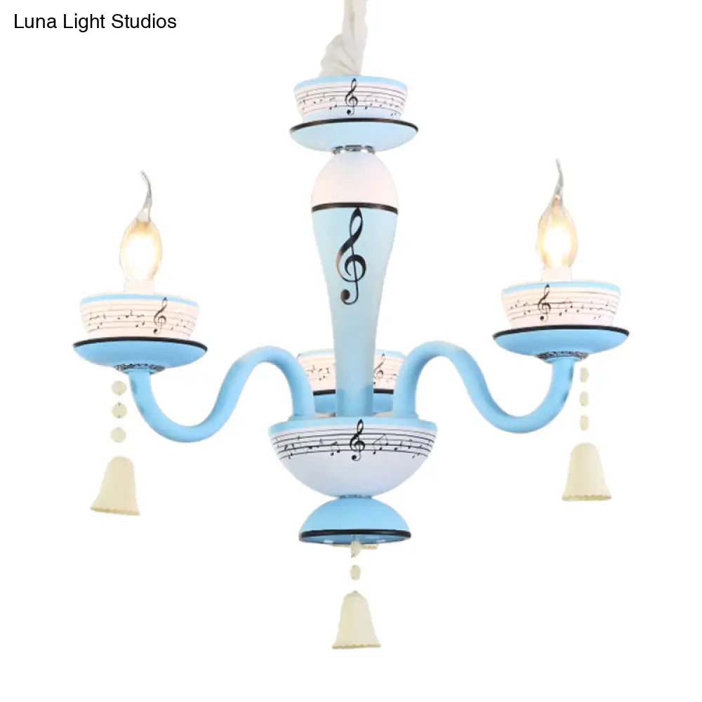 Childs Bedroom Candle Suspension Light: Musical Note Cartoon Glass Chandelier With Little Bell