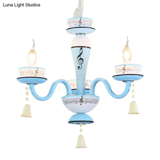 Childs Bedroom Candle Suspension Light: Musical Note Cartoon Glass Chandelier With Little Bell