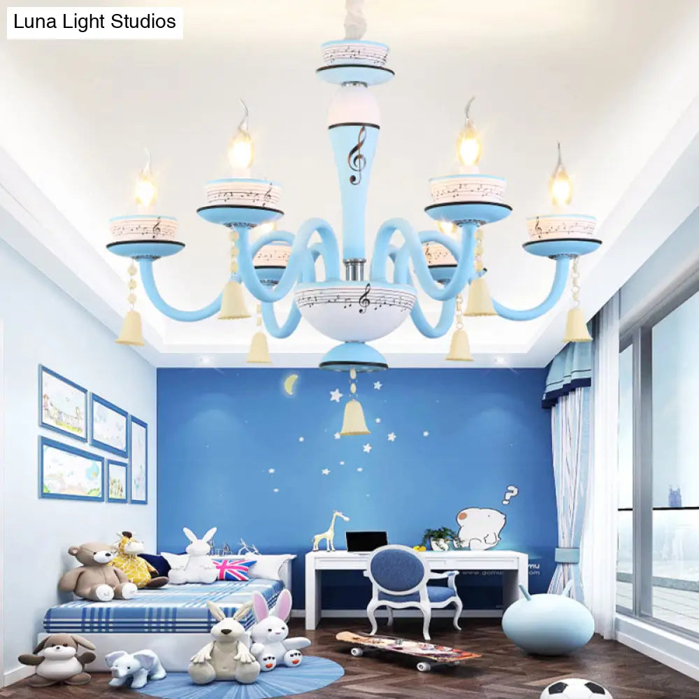 Childs Bedroom Candle Suspension Light: Musical Note Cartoon Glass Chandelier With Little Bell