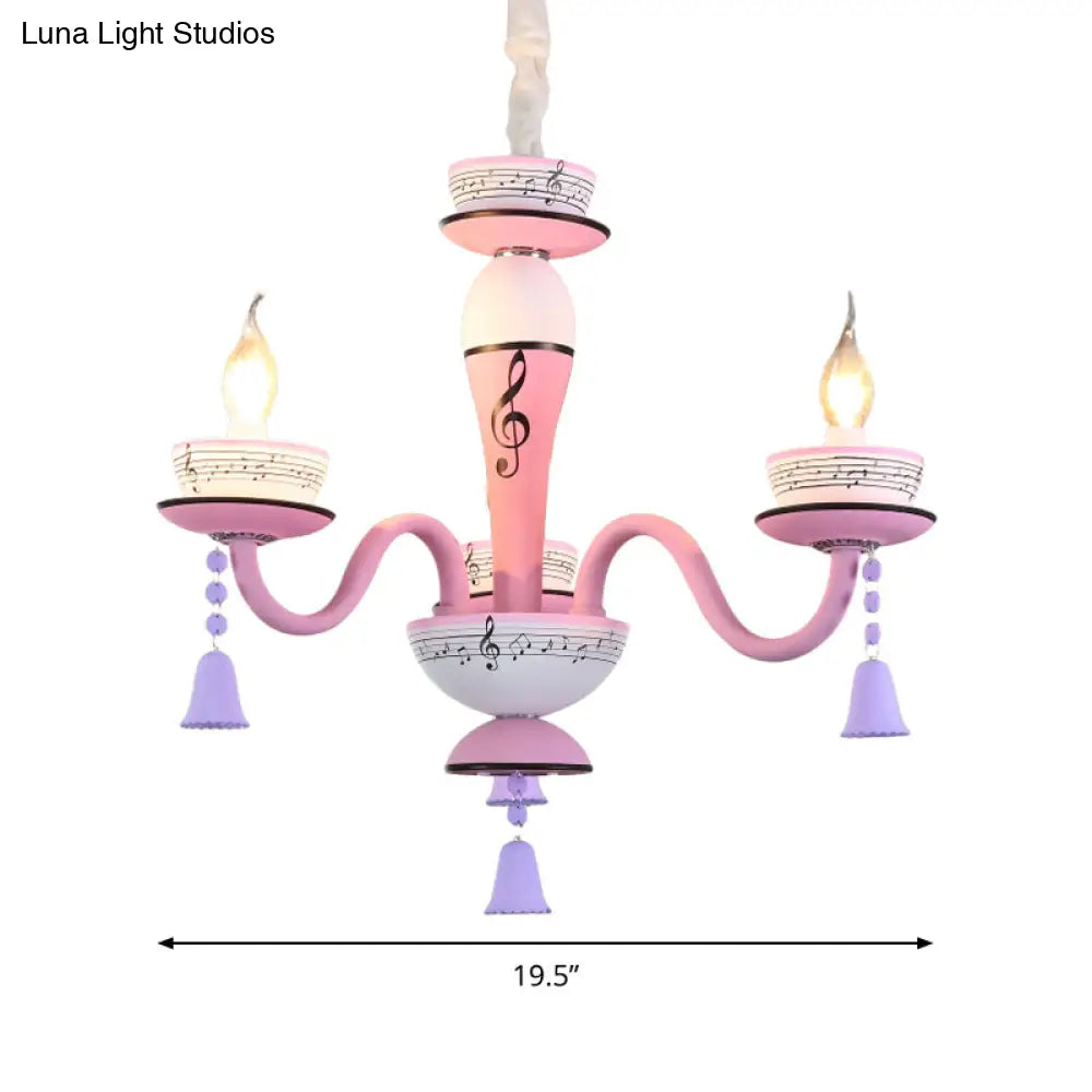 Childs Bedroom Candle Suspension Light: Musical Note Cartoon Glass Chandelier With Little Bell