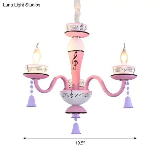 Childs Bedroom Candle Suspension Light: Musical Note Cartoon Glass Chandelier With Little Bell