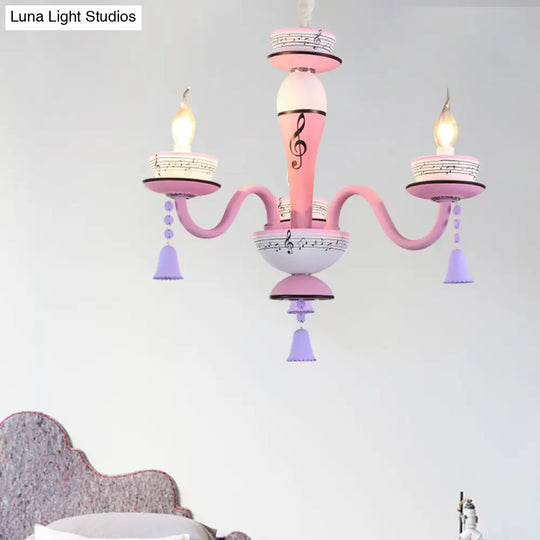 Childs Bedroom Candle Suspension Light: Musical Note Cartoon Glass Chandelier With Little Bell