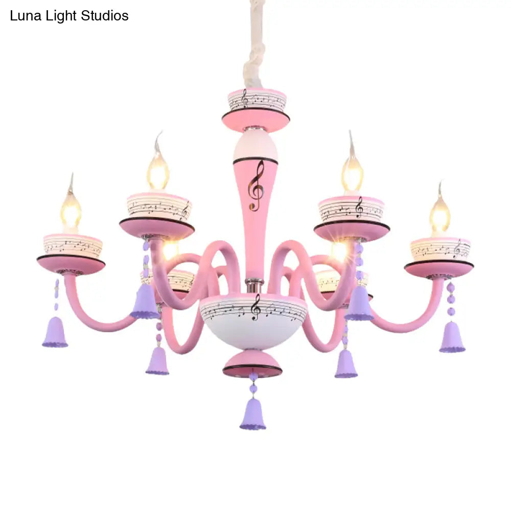 Childs Bedroom Candle Suspension Light: Musical Note Cartoon Glass Chandelier With Little Bell