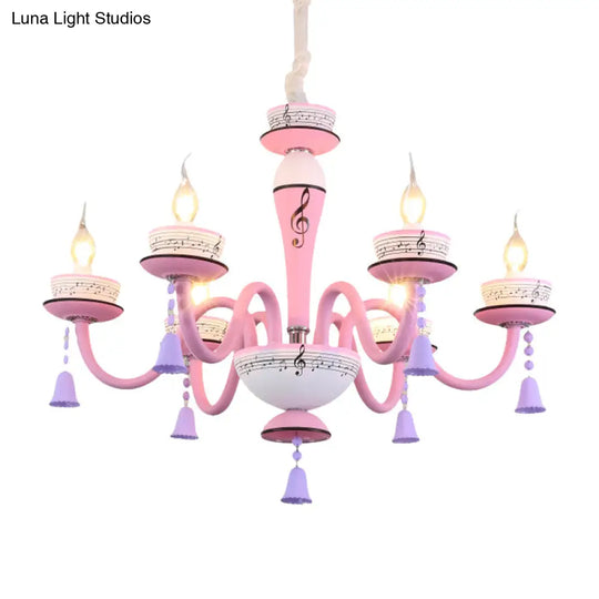 Childs Bedroom Candle Suspension Light: Musical Note Cartoon Glass Chandelier With Little Bell