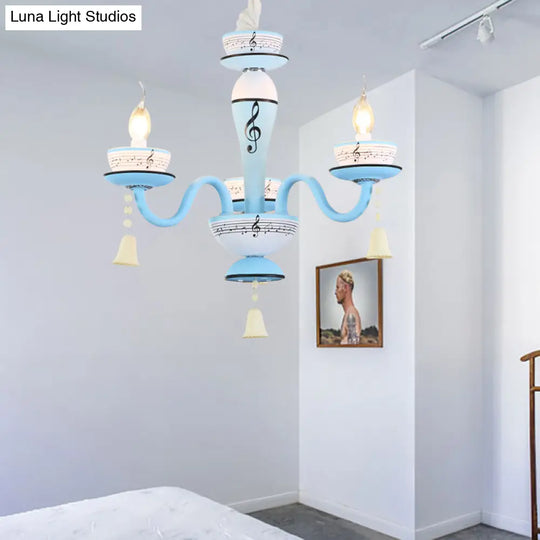 Childs Bedroom Candle Suspension Light: Musical Note Cartoon Glass Chandelier With Little Bell