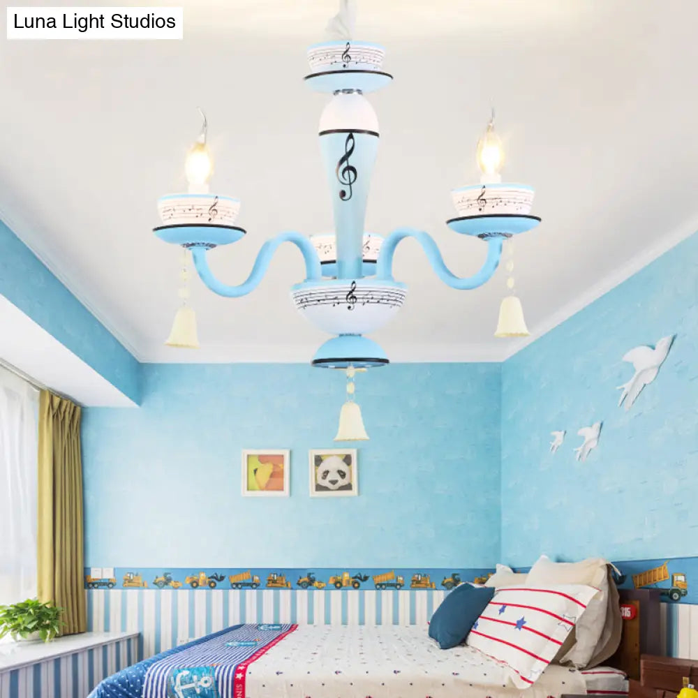 Childs Bedroom Candle Suspension Light: Musical Note Cartoon Glass Chandelier With Little Bell