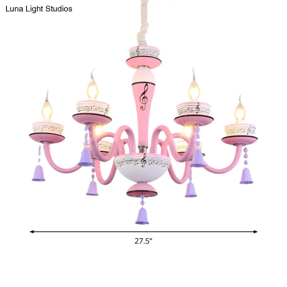 Childs Bedroom Candle Suspension Light: Musical Note Cartoon Glass Chandelier With Little Bell