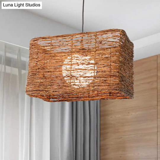 Chinese 1 Bulb Brown Hanging Lamp: Rectangle Pendant Light With Rattan Shade