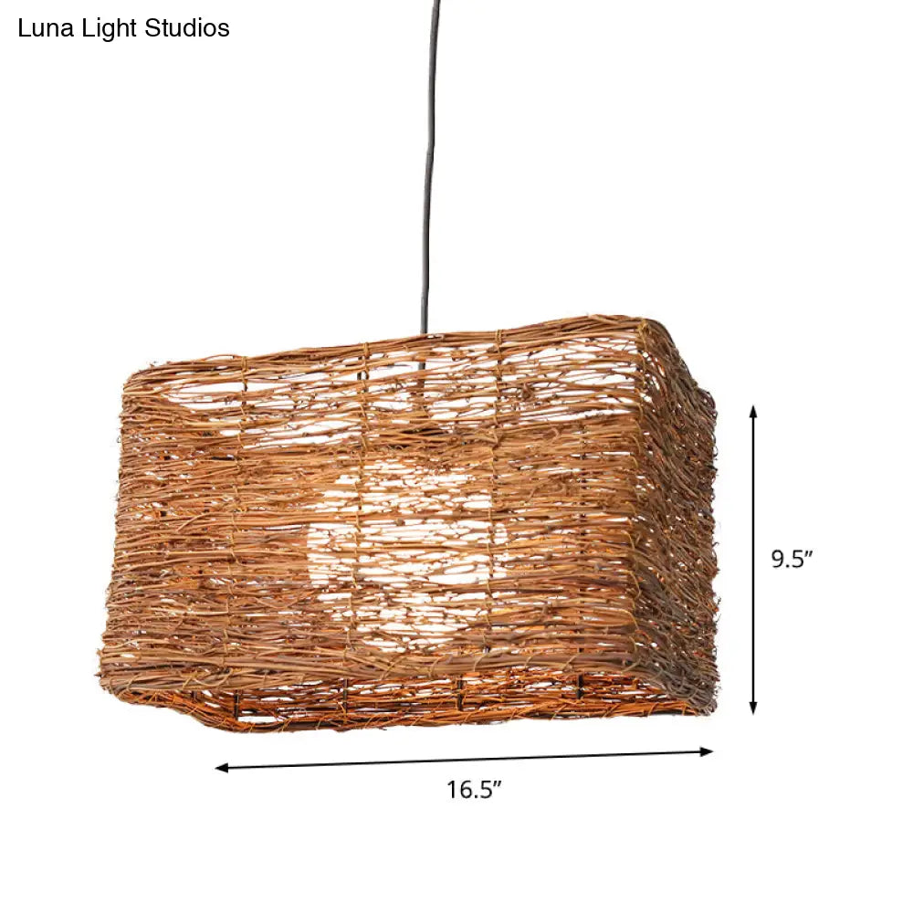 Chinese 1 Bulb Brown Hanging Lamp: Rectangle Pendant Light With Rattan Shade