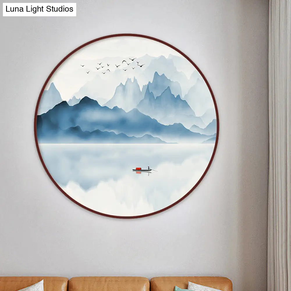 Chinese Acrylic Led Round Wall Sconce: Blue River Scenery Mural Lamp Warm/White Light