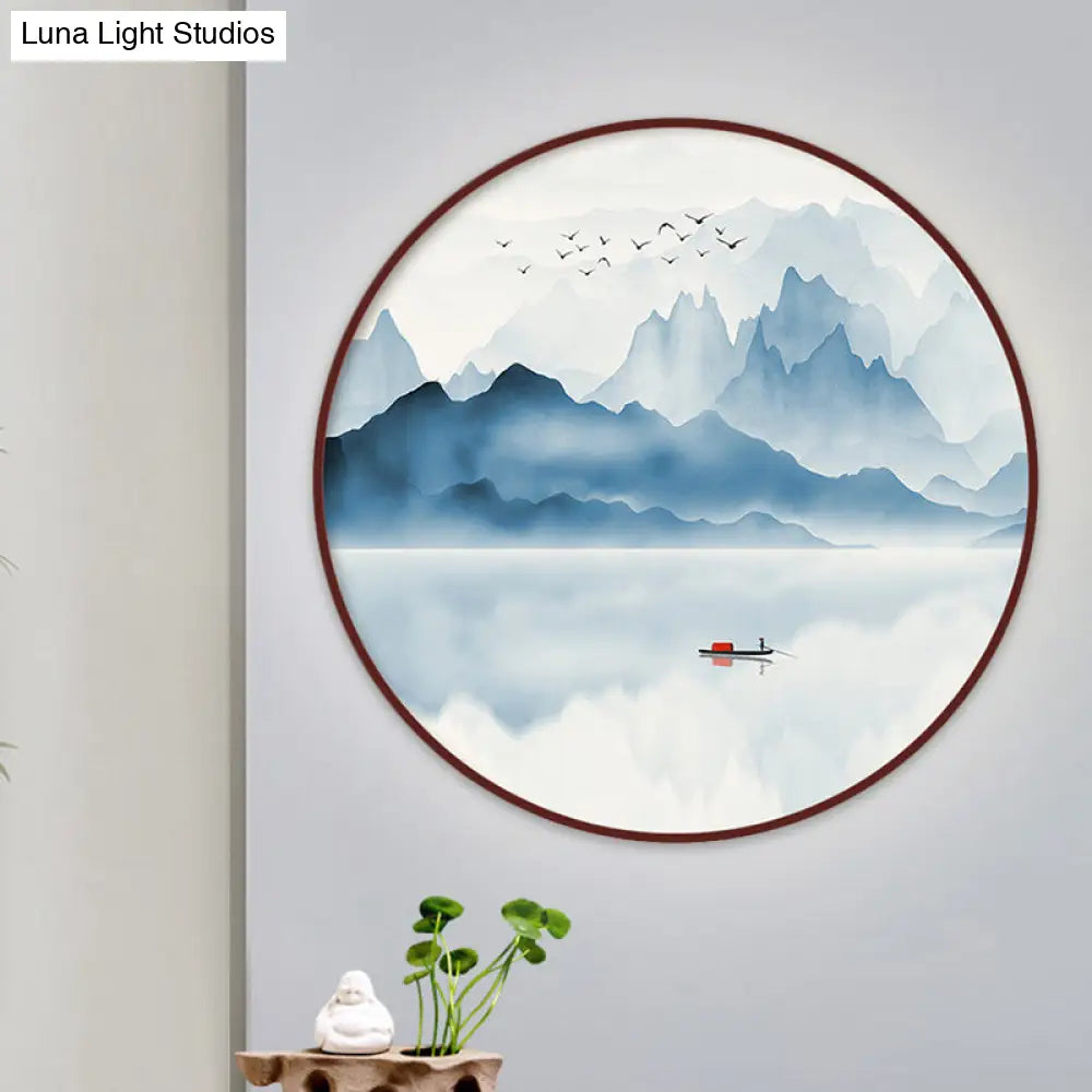 Chinese Acrylic Led Round Wall Sconce: Blue River Scenery Mural Lamp Warm/White Light