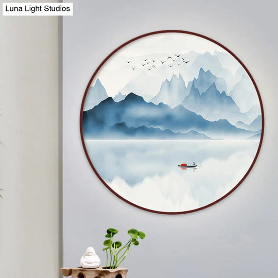 Chinese Acrylic Led Round Wall Sconce: Blue River Scenery Mural Lamp Warm/White Light