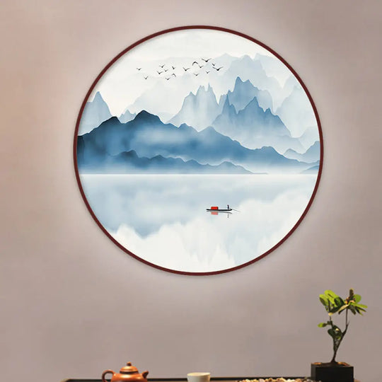 Chinese Acrylic Led Round Wall Sconce: Blue River Scenery Mural Lamp Warm/White Light / White B