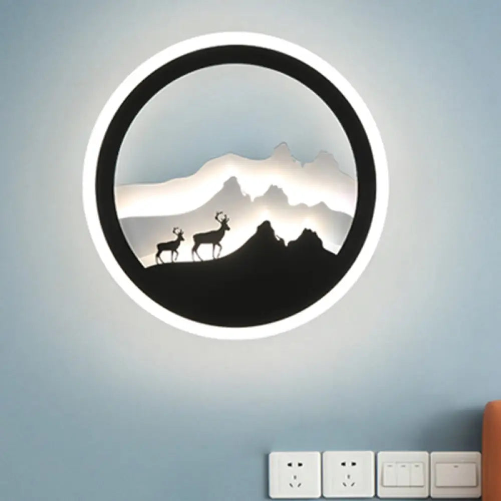 Chinese Acrylic Round Wall Light With Led-Illuminated Deer And Mountain Mural In Black White